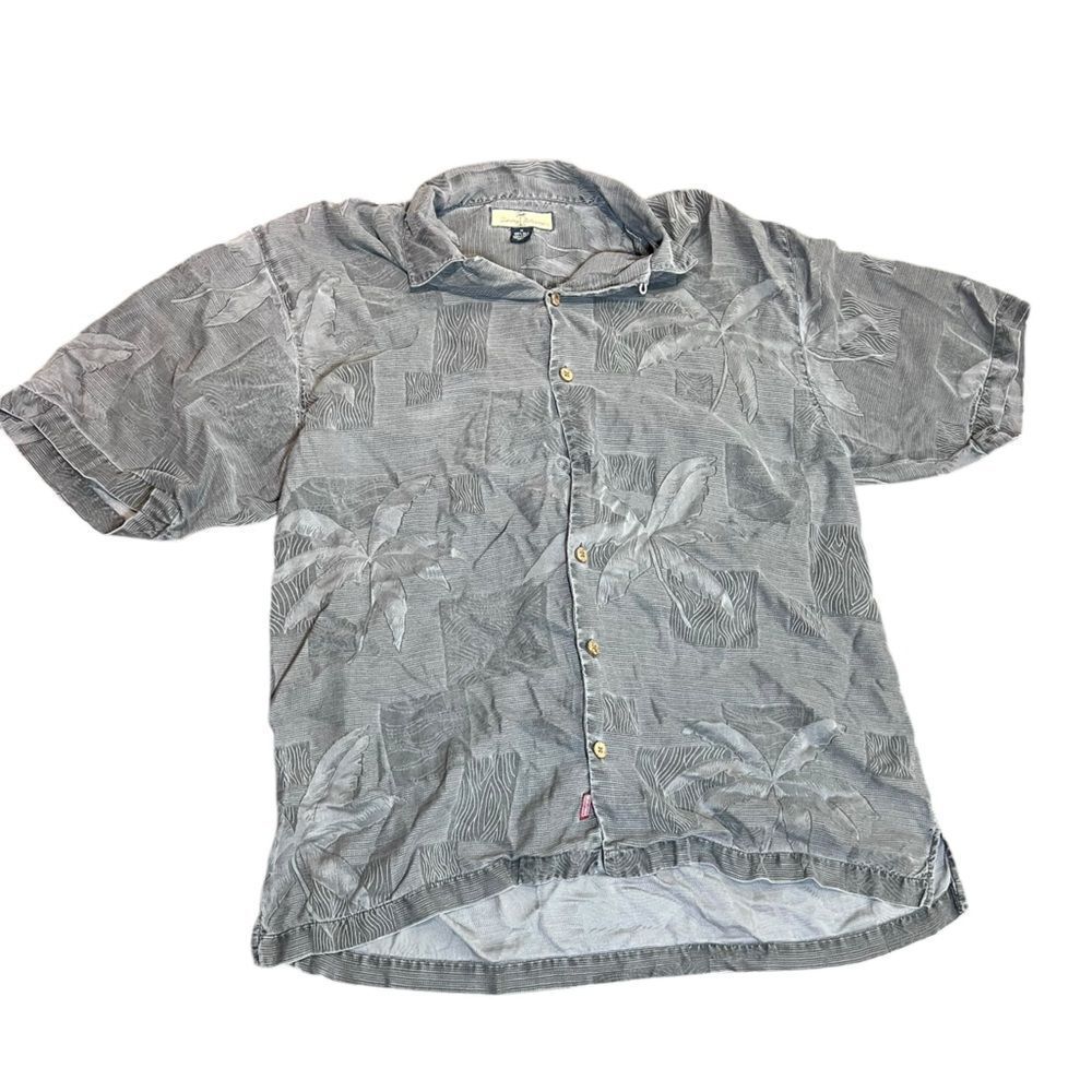 Tommy Bahama Men’s Silk Camp Shirt Gray Palm Tree Print Size M
